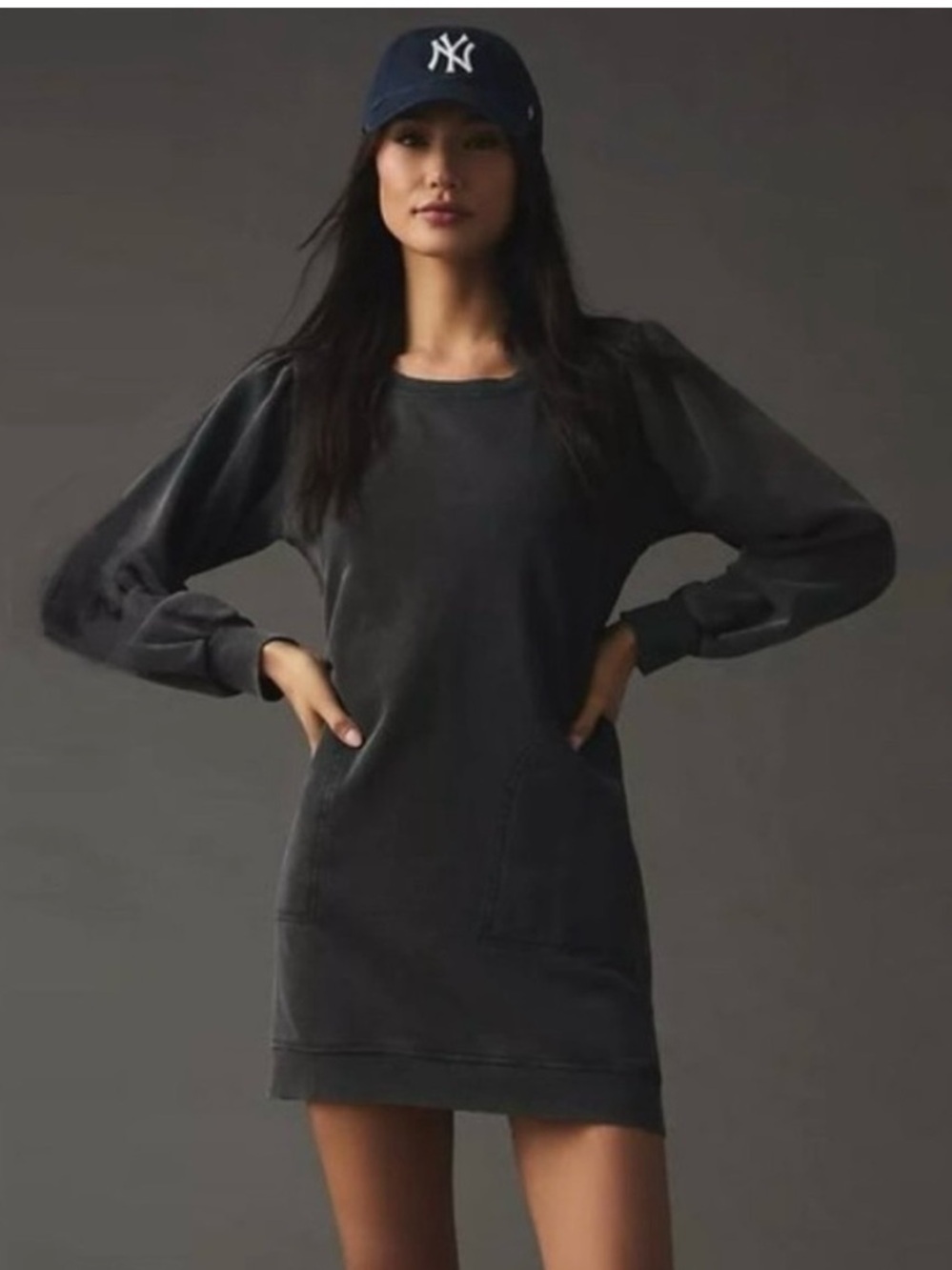 Free People Daily Practice Sweatshirt Mini Dress XXS Charcoal Puff Sleeve Pocket